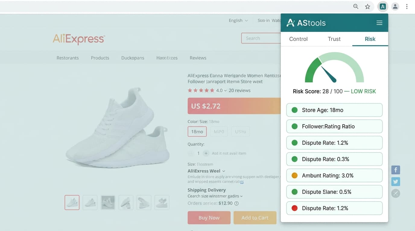AStools Risk tab on an AliExpress product page showing the seller-page trust signals with a composite Risk score — placeholder mockup pending FE-news image refresh