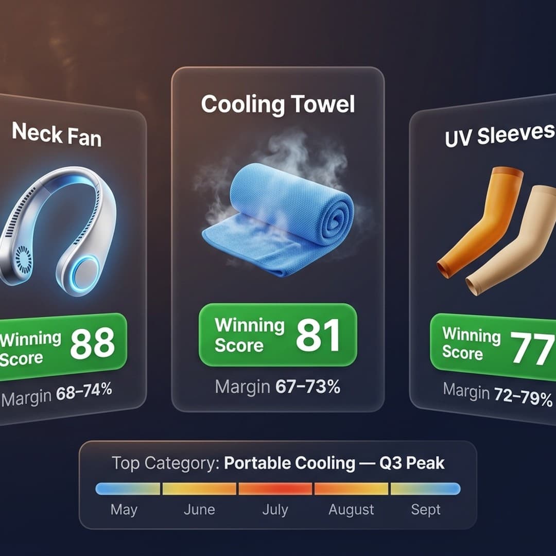 Portable cooling product comparison — neck fan, cooling towel, UV sleeves — with estimated margin and seasonal demand curve
