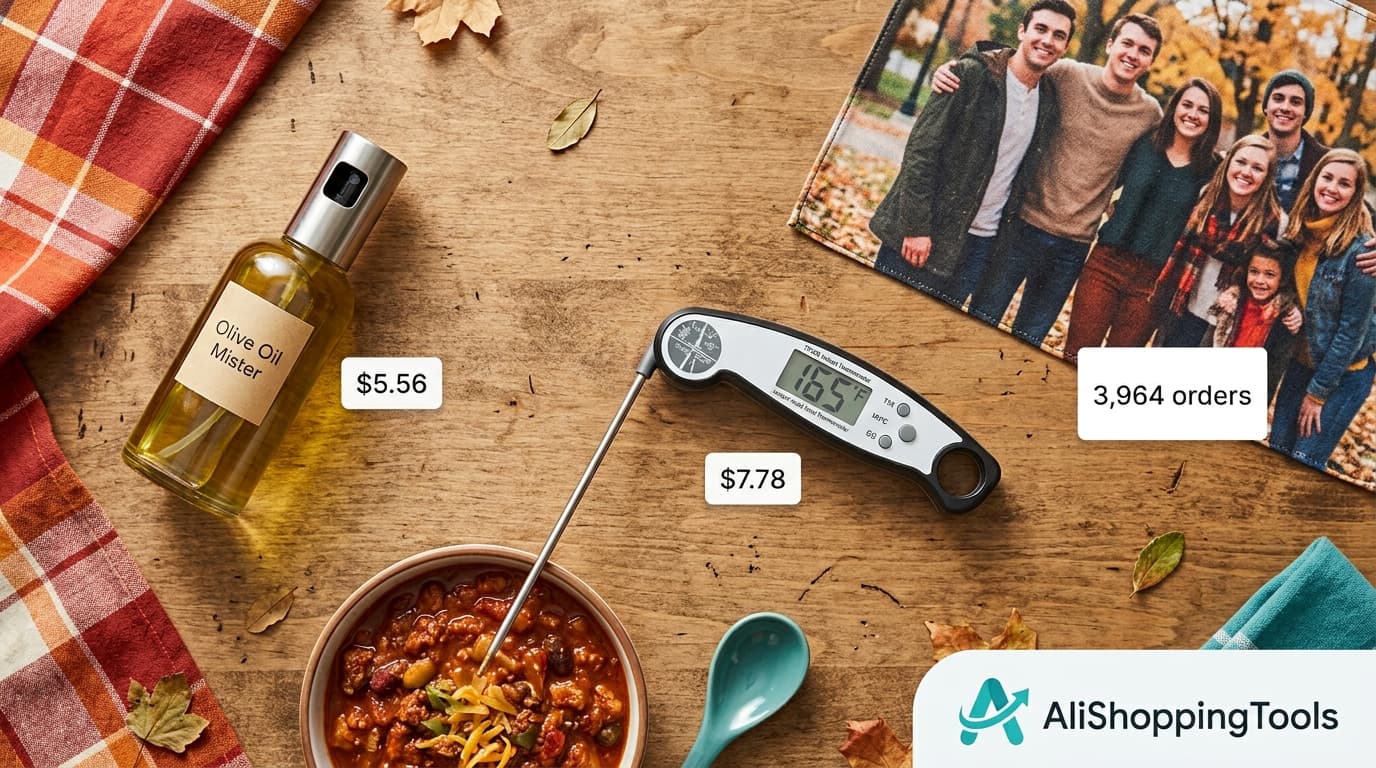 Early-fall dorm kitchen flat-lay with an instant-read food thermometer probing a dish, an olive oil spray bottle and a custom photo wall tapestry as backdrop