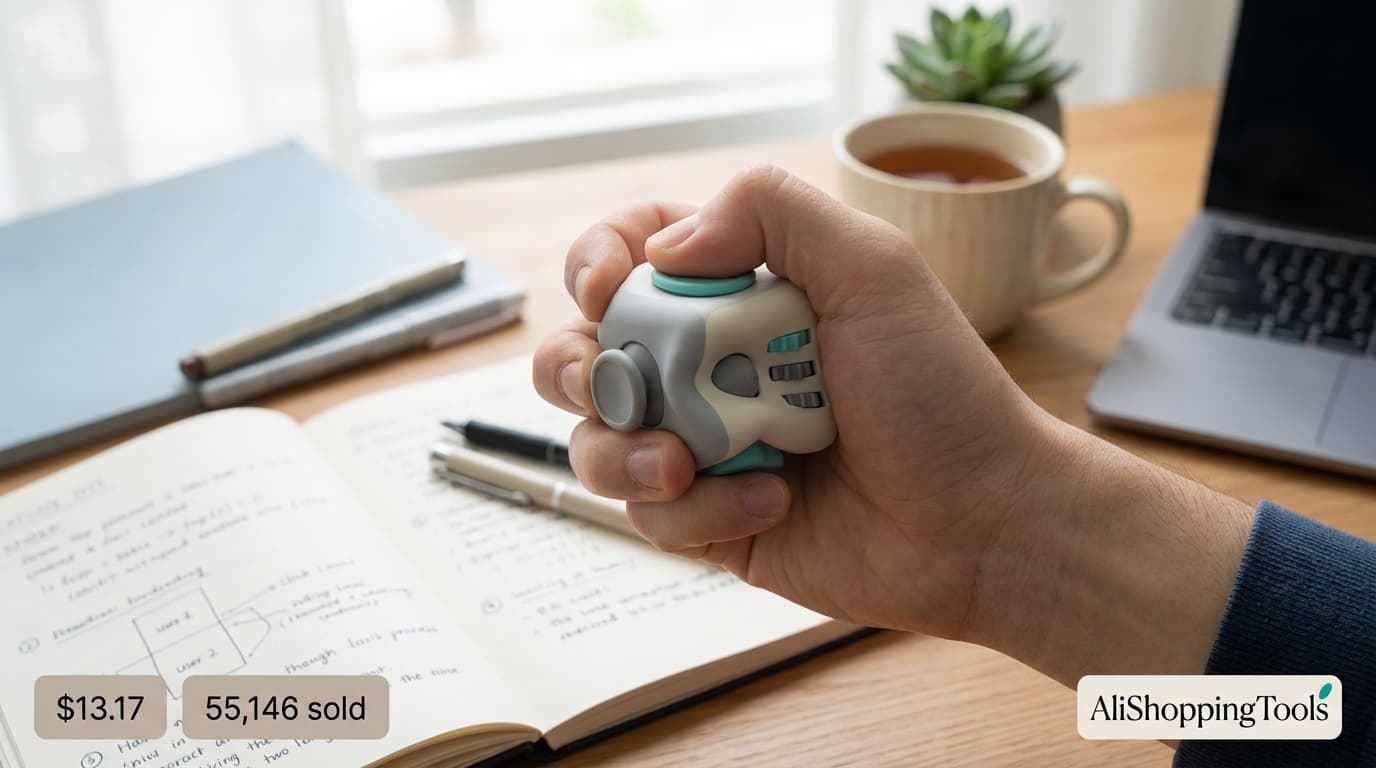 Squishable Needoh-style sensory fidget cube mid-squeeze in a hand over a study desk