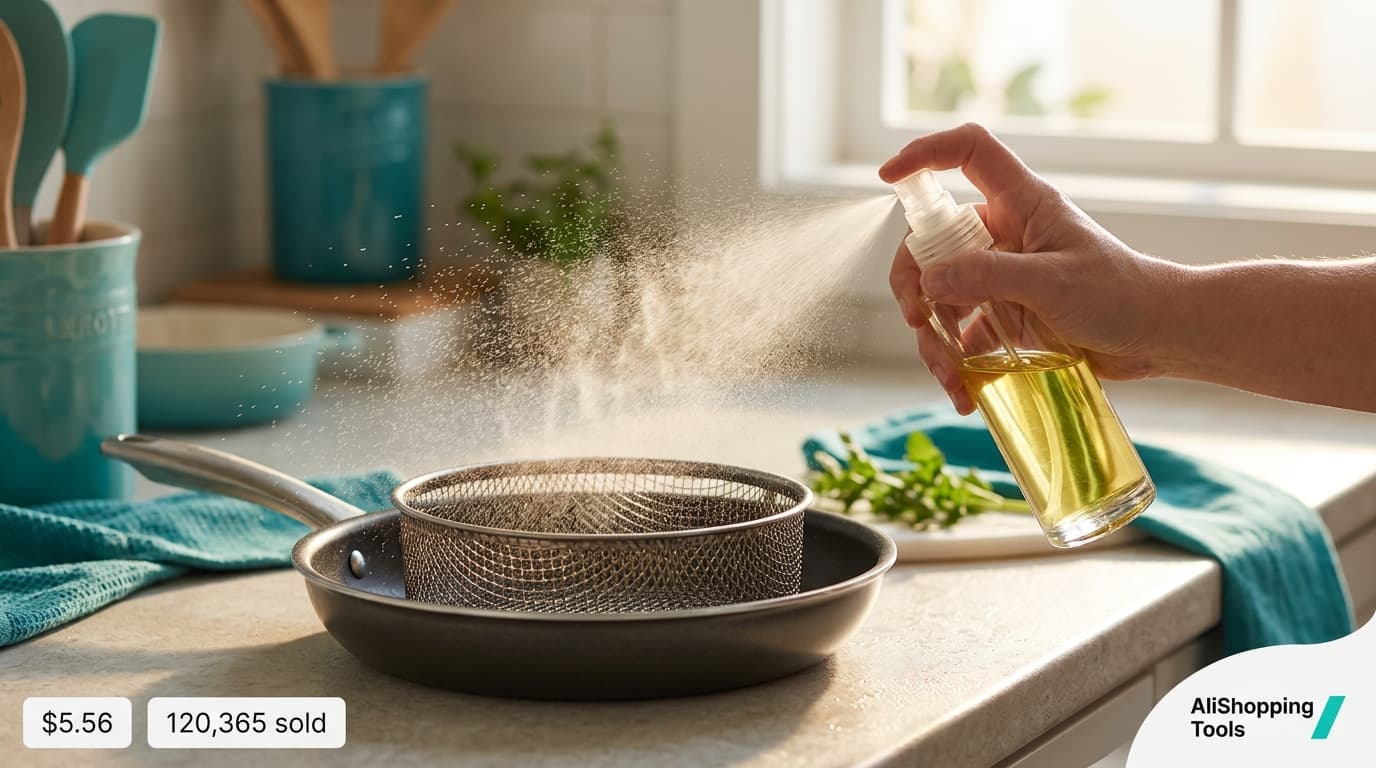 Glass olive oil spray bottle misting over a pan on a clean kitchen counter