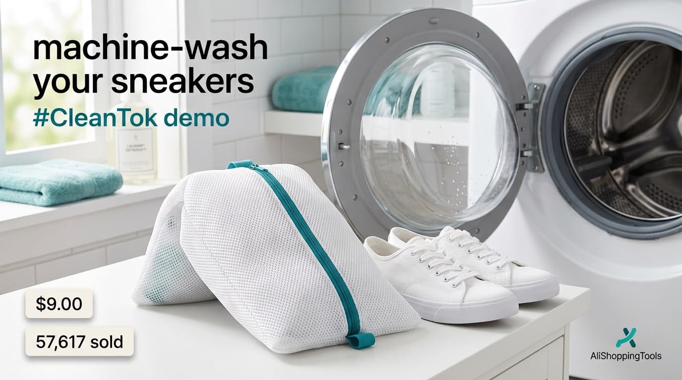 Padded zippered shoe washing machine bag beside a pair of clean sneakers in a bright laundry room