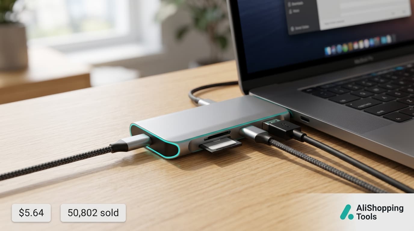 8-in-2 USB-C hub dock plugged into a laptop edge with an SD card and cables connected
