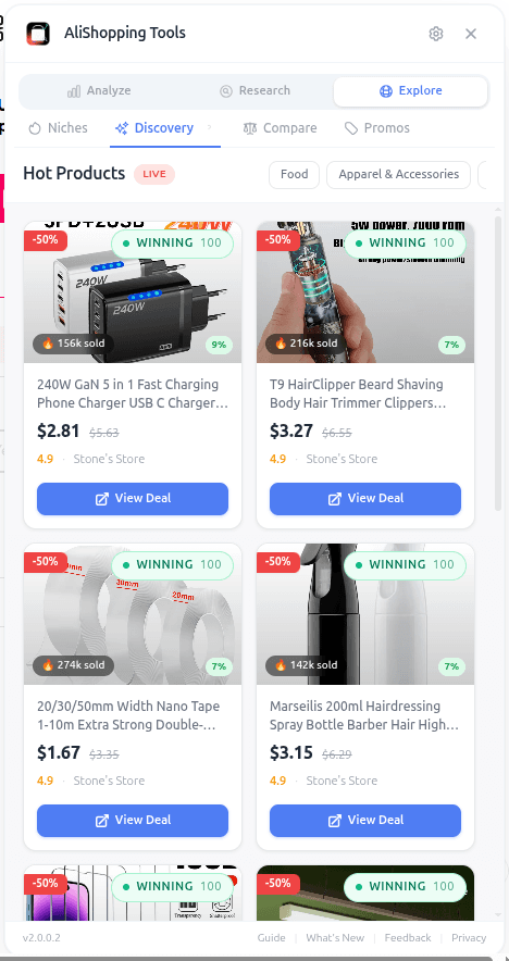 AliShopping Tools Discovery tab surfacing new and rising AliExpress products with demand signals before they go viral