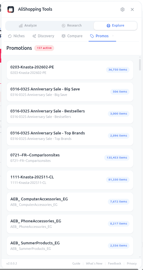 AliShopping Tools Promotions tab surfacing active AliExpress coupons, flash sales, and store-level discounts on a product page