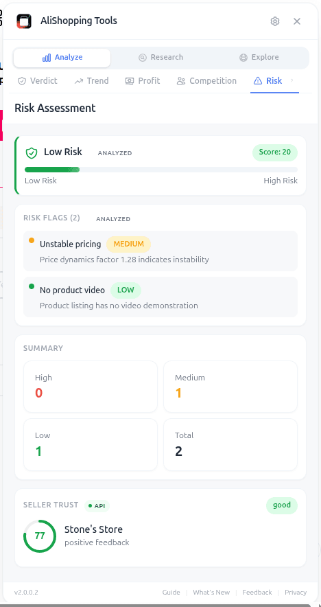 Seller risk details — dispute rate, response time, and shipping reliability