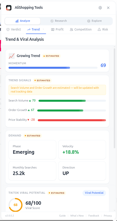 Trend tab — spot rising dropshipping products before the April 2026 peak