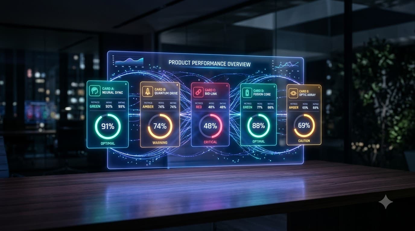 Futuristic holographic dashboard floating above a desk displaying product cards with glowing score meters and data streams