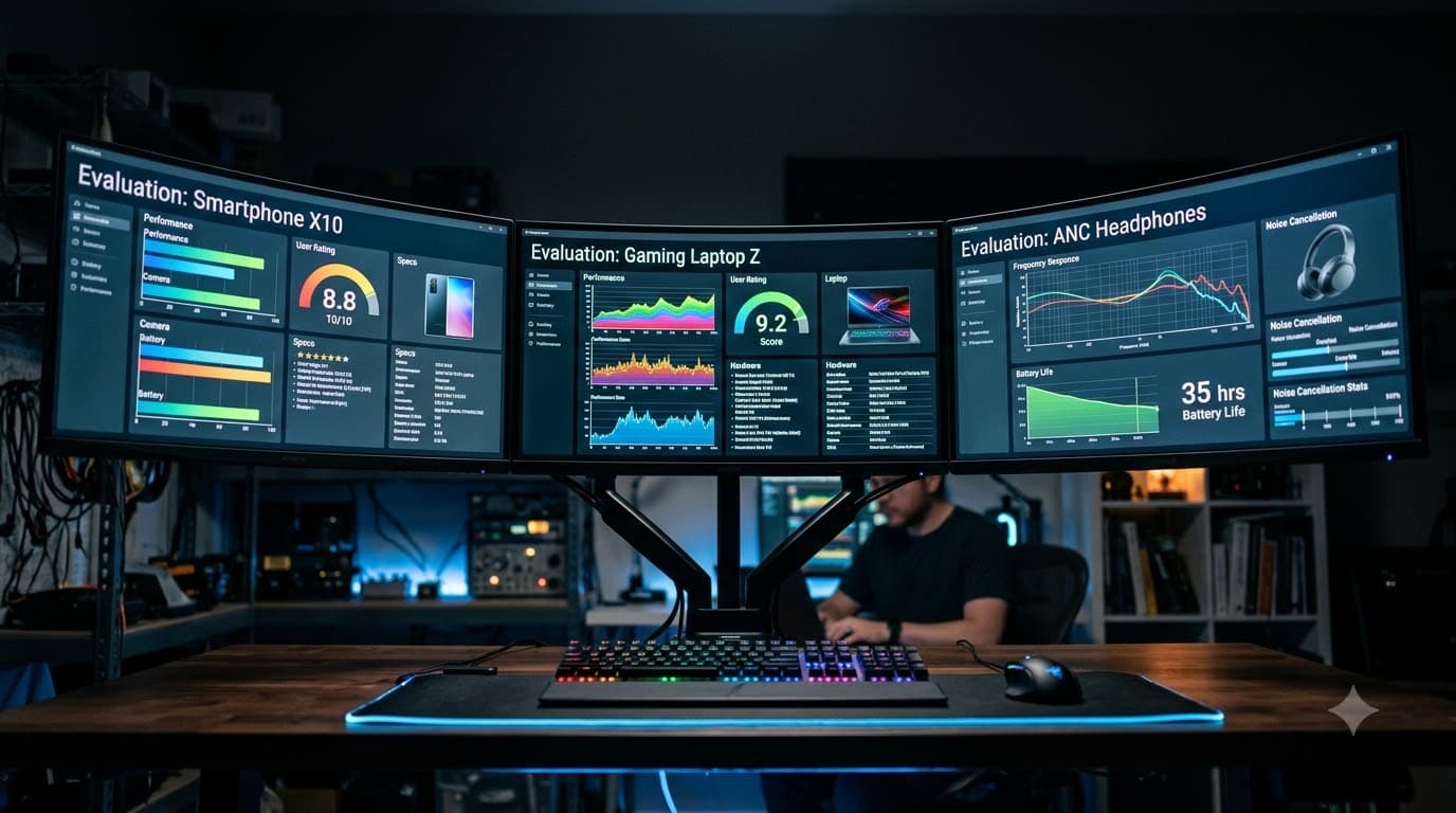 Side-by-side comparison of product evaluation interfaces on multiple monitors in a dimly lit research workspace