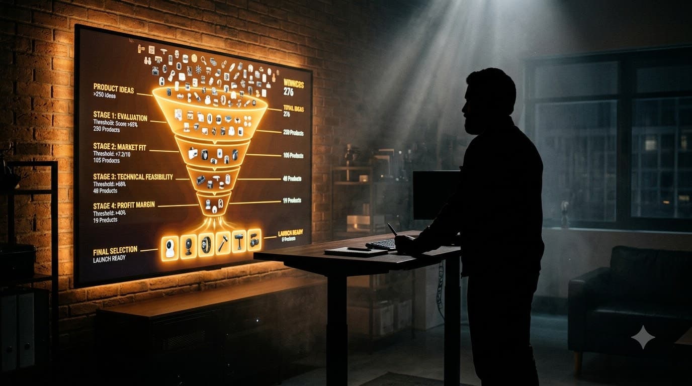 Entrepreneur at a standing desk with a large screen showing a funnel visualization filtering hundreds of products down to a shortlist
