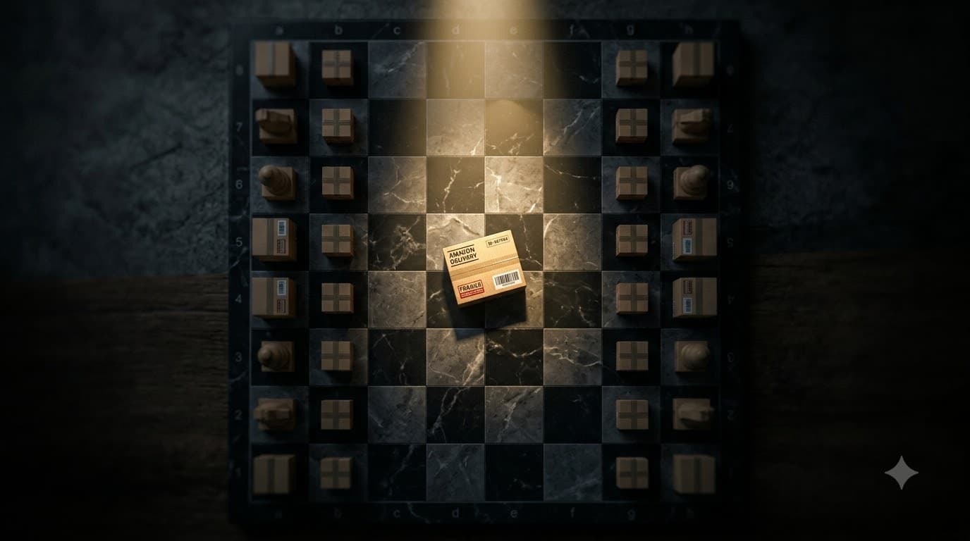 Bird-eye view of a chess board where product boxes replace chess pieces with one piece illuminated by a spotlight beam