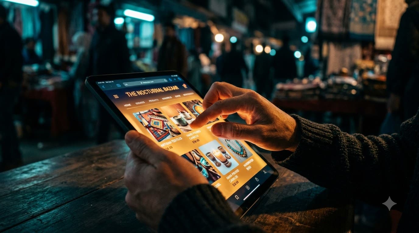 A person browsing a glowing marketplace storefront on a tablet screen, warm neon reflections on their hands, moody evening ambiance with teal and amber lighting