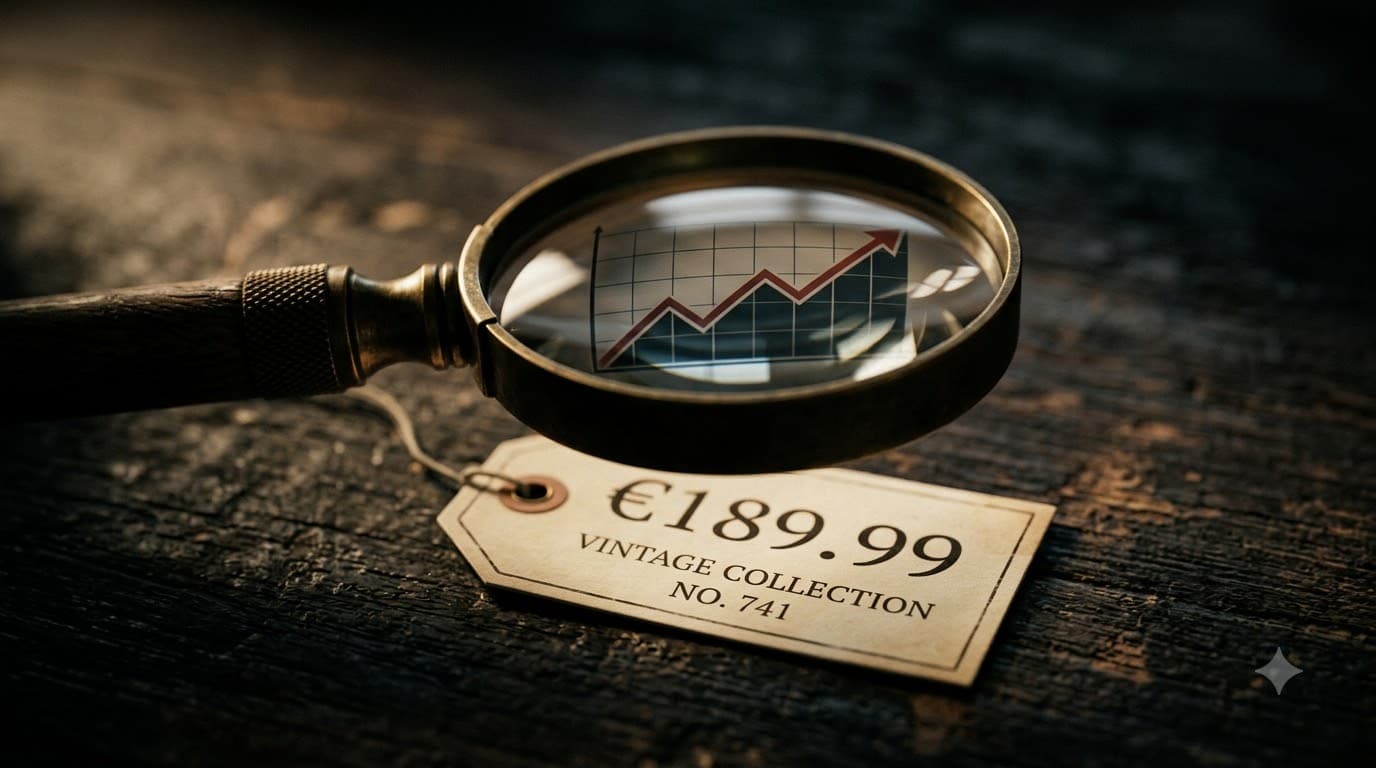 A magnifying glass hovering over a price tag with a line chart reflection visible in the lens, dramatic side lighting on a dark surface, cinematic product photography style