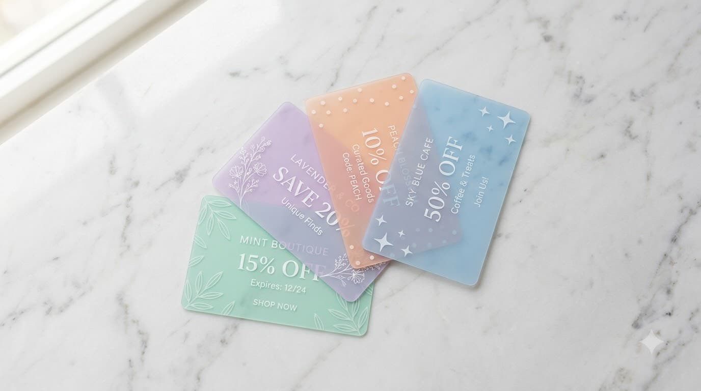 Multiple translucent discount cards layered on top of each other like a card fan, each a different pastel color, resting on a marble countertop with soft diffused window light