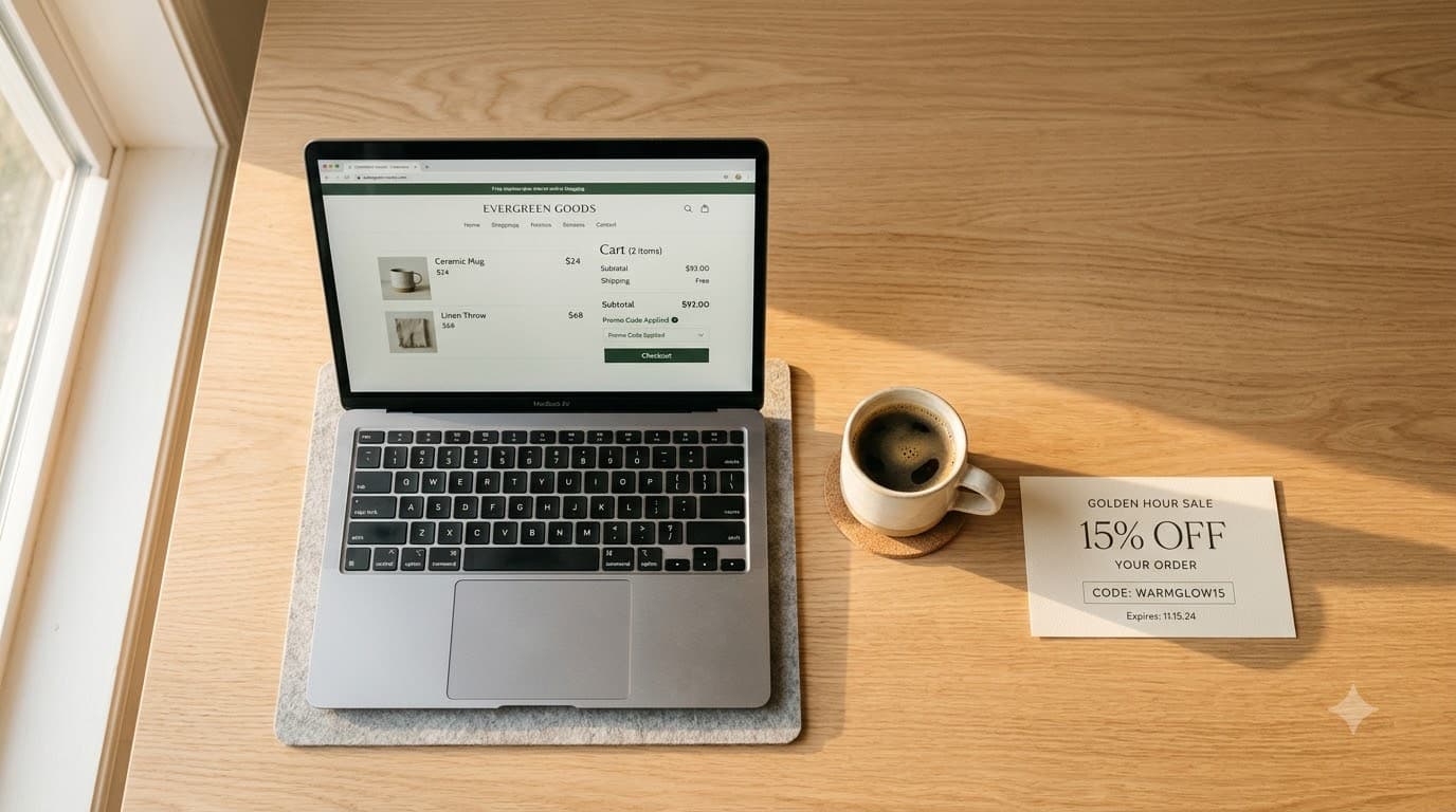 A calm overhead view of a minimalist desk with a laptop showing a shopping cart, a coffee cup, and a single coupon card, warm golden hour light streaming from the left