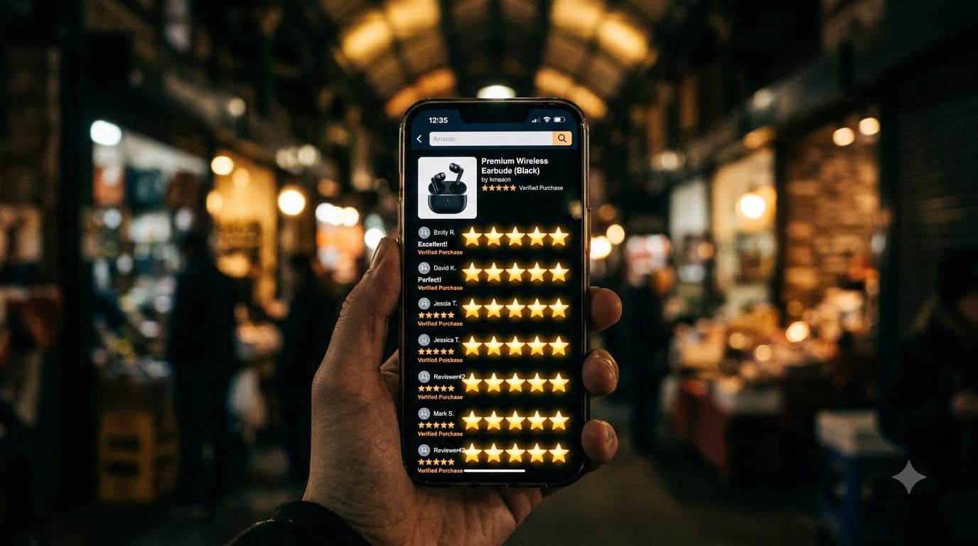 Glowing smartphone screen displaying a product listing flooded with identical five-star ratings in a dark marketplace setting