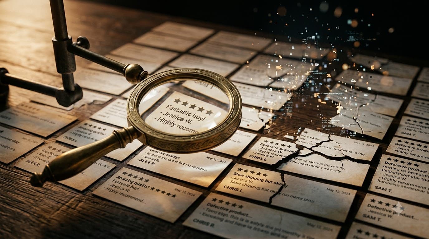 Detective magnifying glass hovering over a grid of buyer review cards with some cards cracking and dissolving into particles