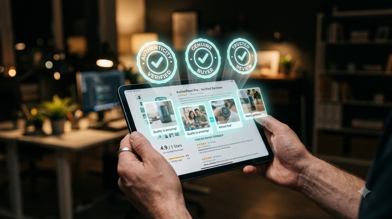 Hands holding a tablet displaying a product page with holographic verification checkmarks floating above genuine review photos