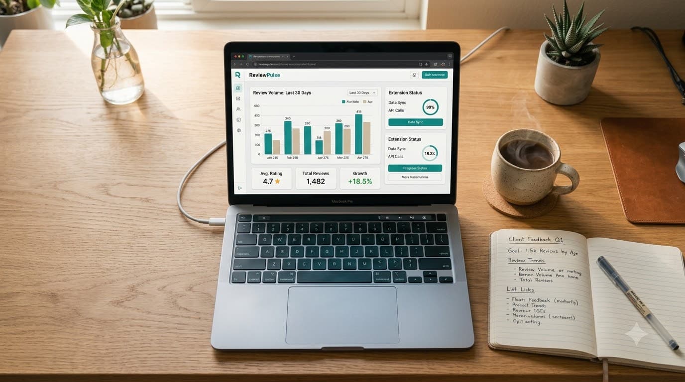 Overhead view of a desk workspace with a laptop showing a browser extension dashboard analyzing review metrics alongside a coffee cup and notebook