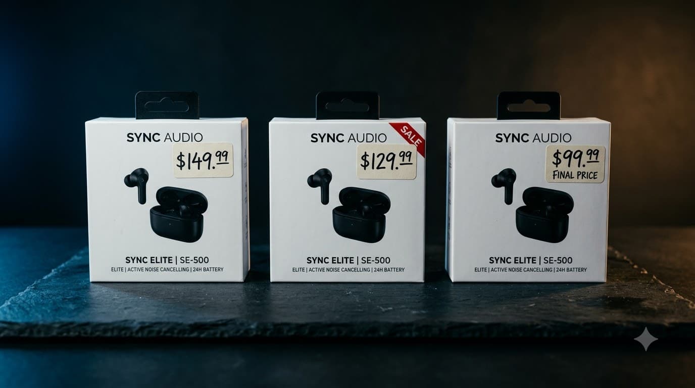 Three identical wireless earbuds packages arranged side by side with different price stickers, dramatic studio lighting with deep shadows, shallow depth of field on a dark slate surface