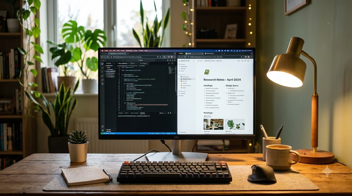 A split-screen composition showing two browser windows side by side on a monitor, warm desk lamp illumination from the right, cozy workspace atmosphere with blurred background plants
