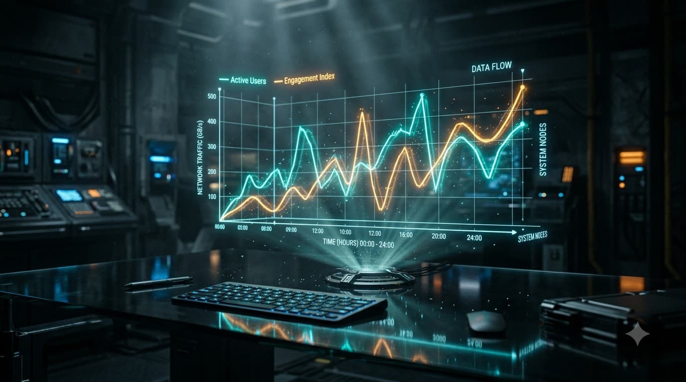 A glowing line chart rendered as a 3D holographic projection above a glass desk surface, teal and amber data lines, cinematic depth with volumetric light rays in a dim room