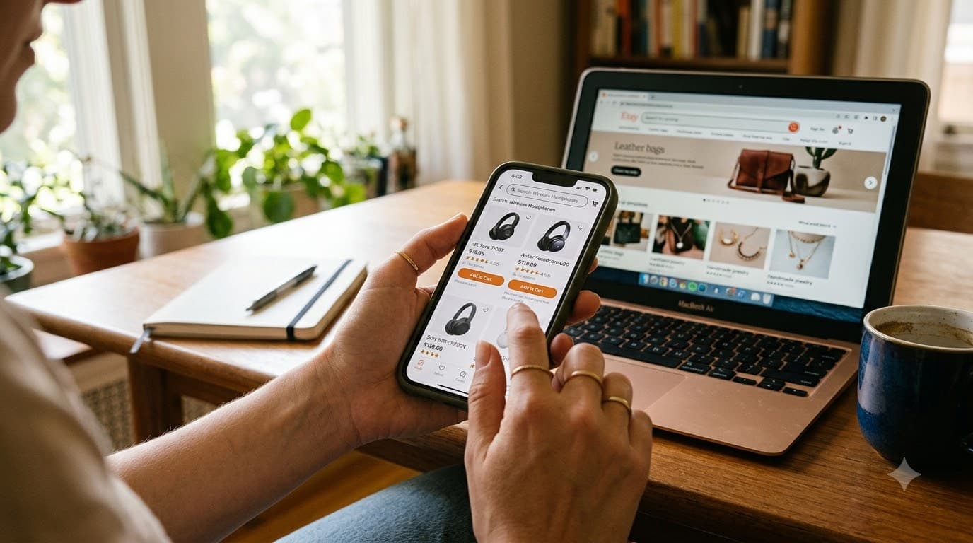 Hands holding a smartphone displaying a product search results page, background shows a laptop with another marketplace open, natural daylight from a nearby window, lifestyle photography style