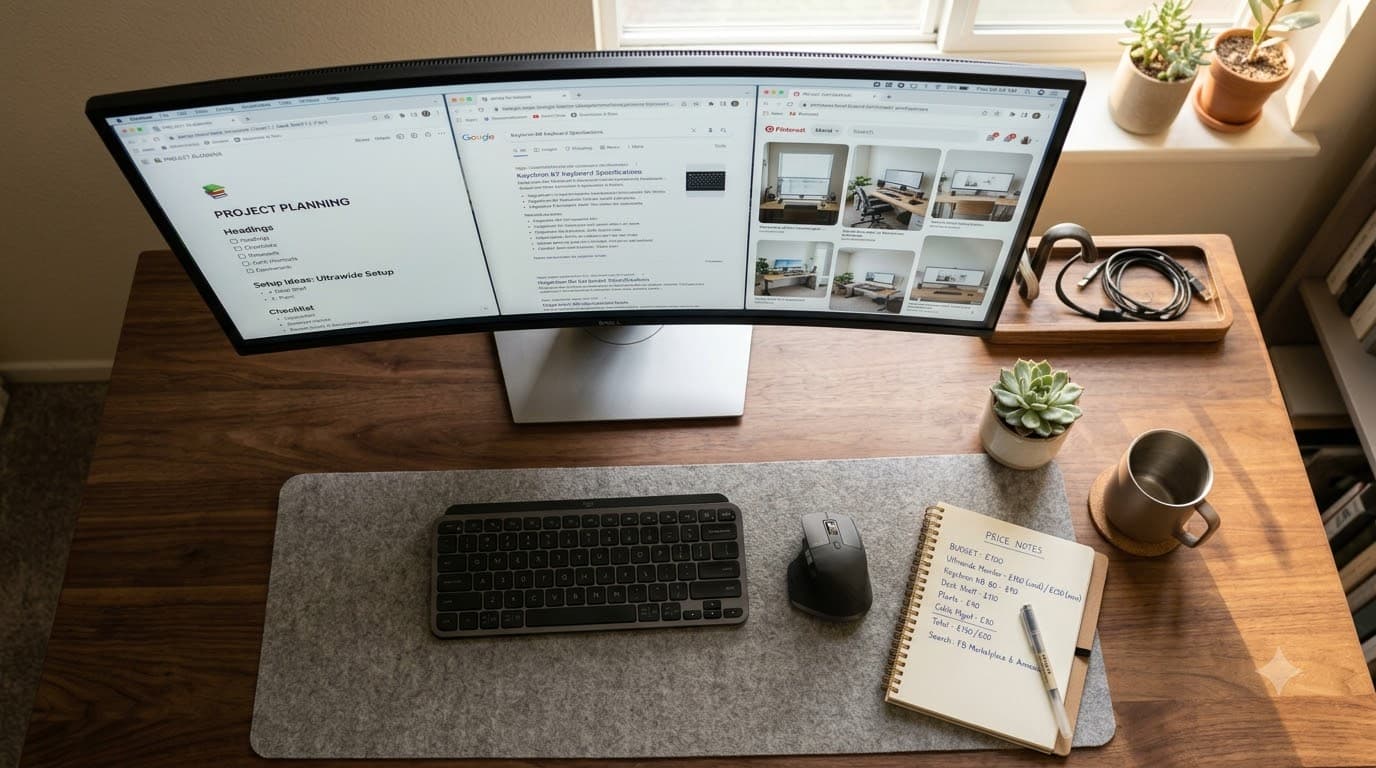 A bird's-eye view of a clean desk with three open browser tabs on a ultrawide monitor, a notepad with handwritten price notes, warm afternoon light, cinematic overhead composition