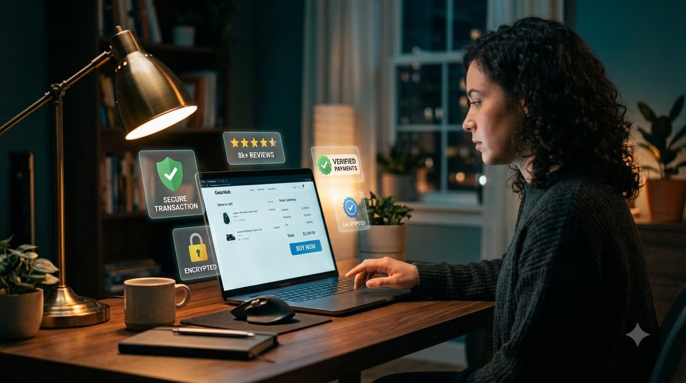 A person hesitating before clicking buy on an online shopping page, with trust indicators floating around the screen