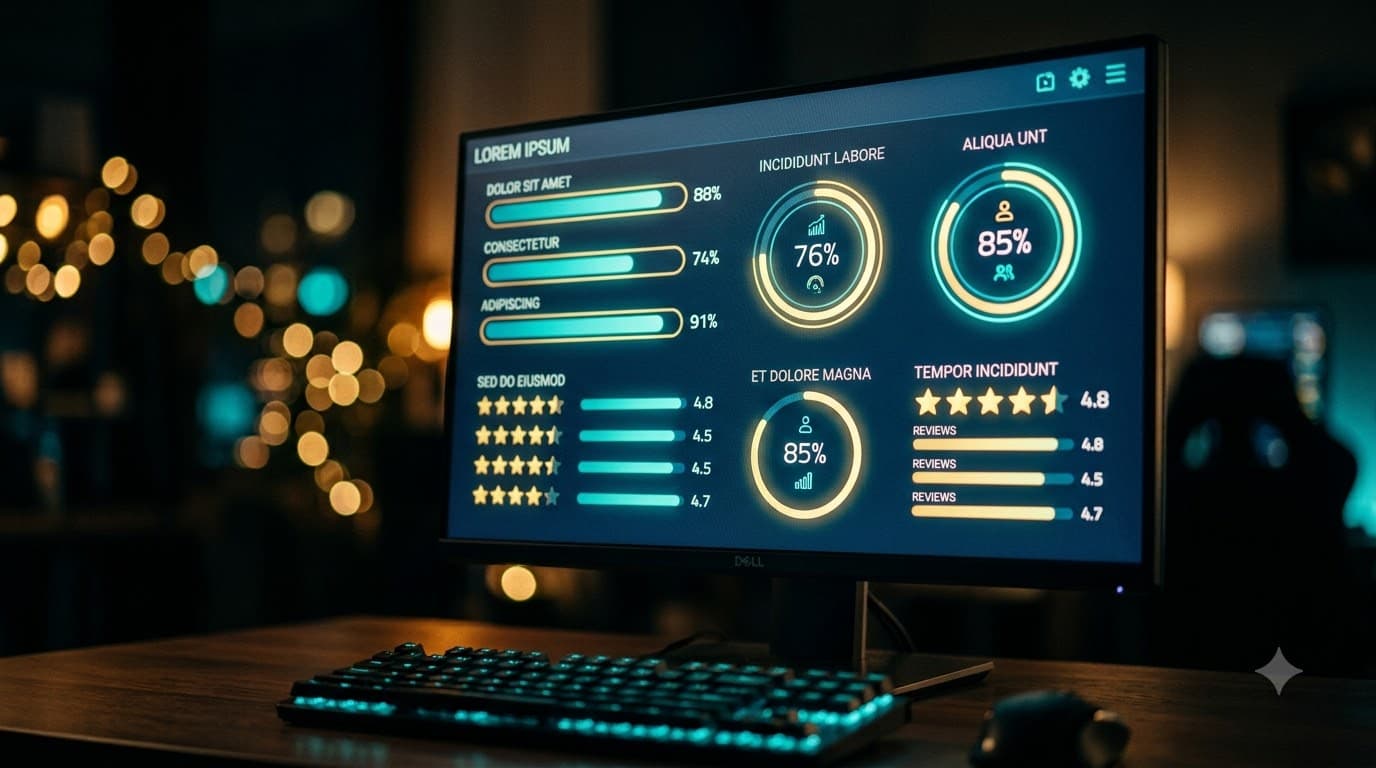 A glowing seller profile dashboard showing feedback percentage bars and star ratings in a warm-lit workspace