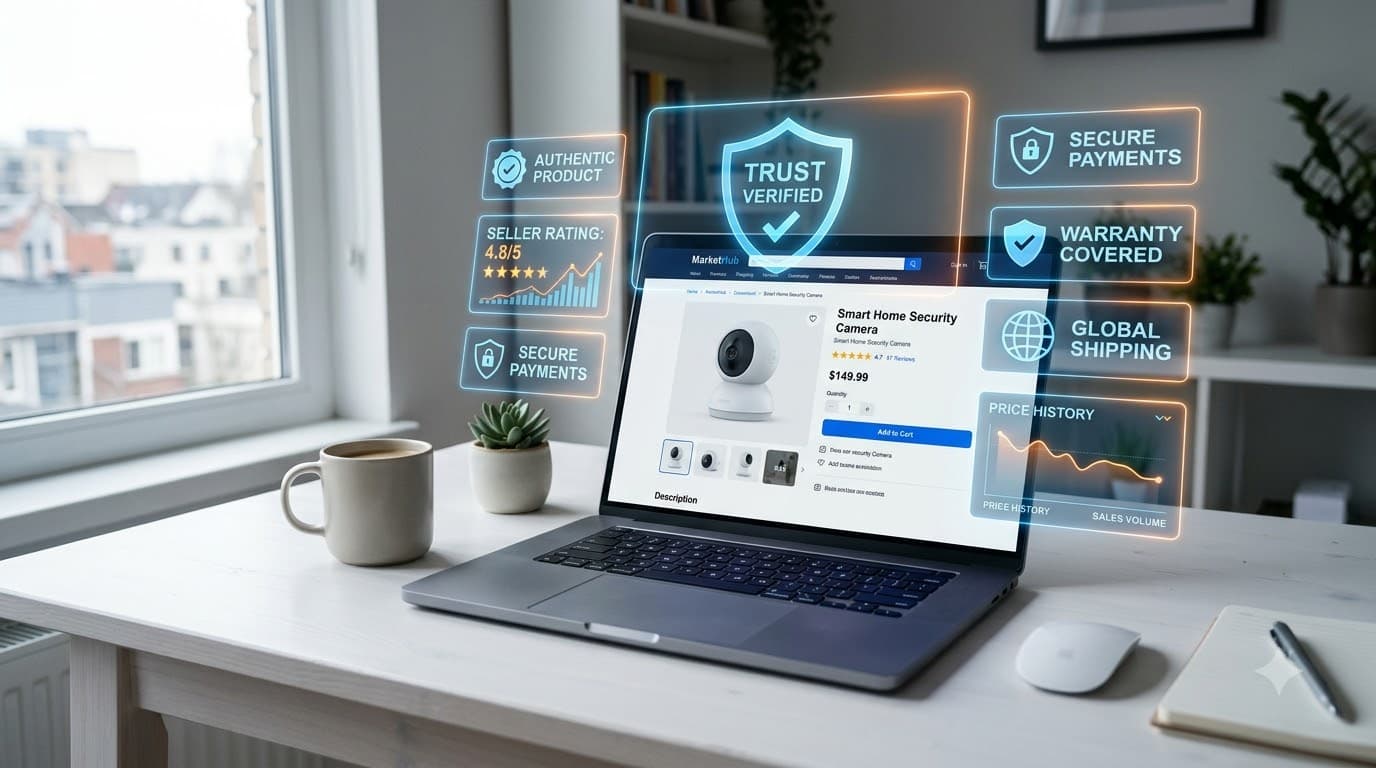 A browser window displaying an online marketplace product page with translucent data overlays and verification badges floating above the interface