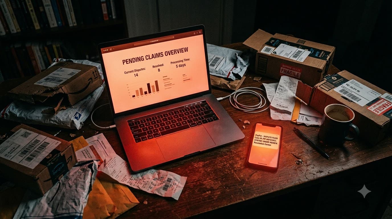 A dimly lit desk with a laptop screen casting red warning light across scattered shipping packages and receipts