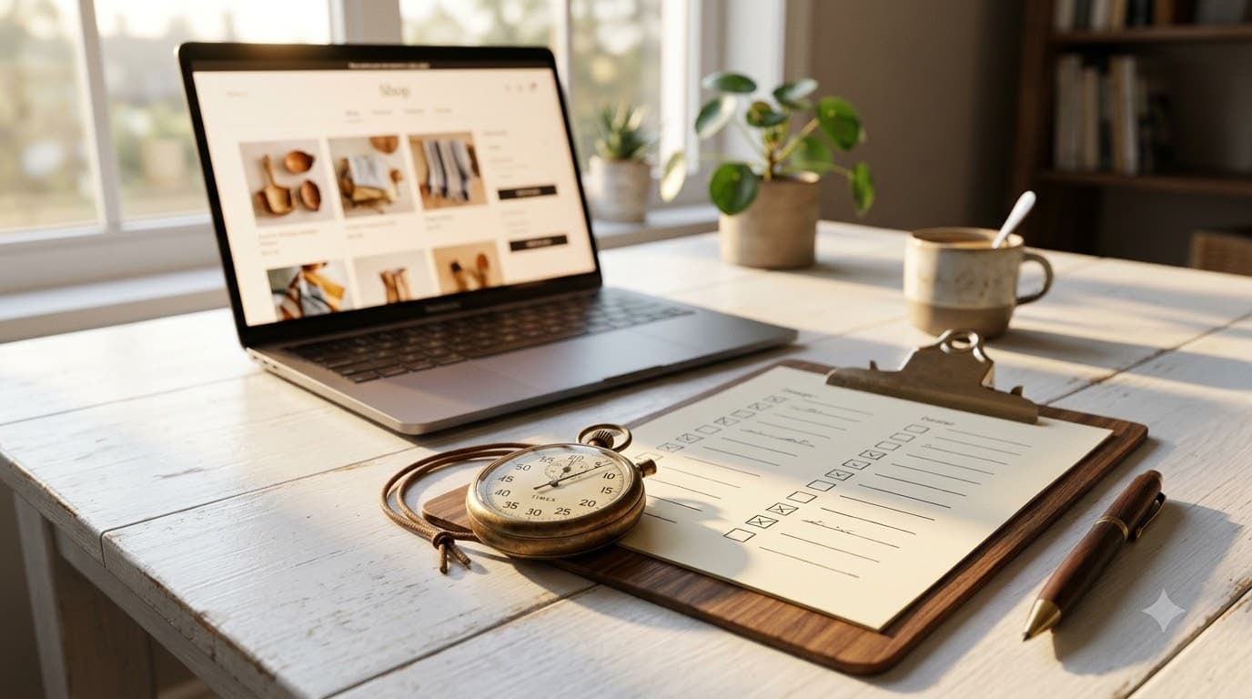A clean workspace with a stopwatch, a checklist on a clipboard, and a laptop open to an online store, bathed in soft natural light