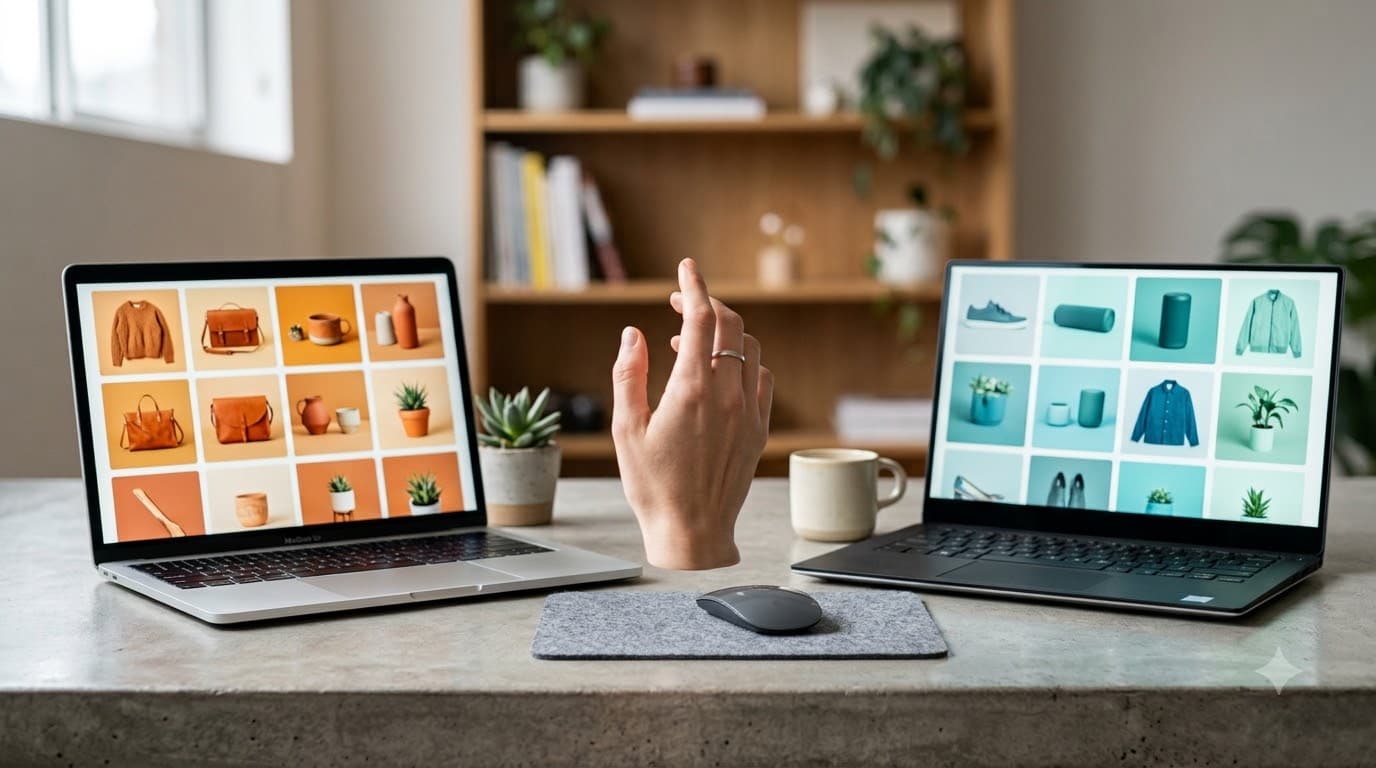 Side-by-side comparison of two global e-commerce platforms displayed on laptop screens in a modern workspace