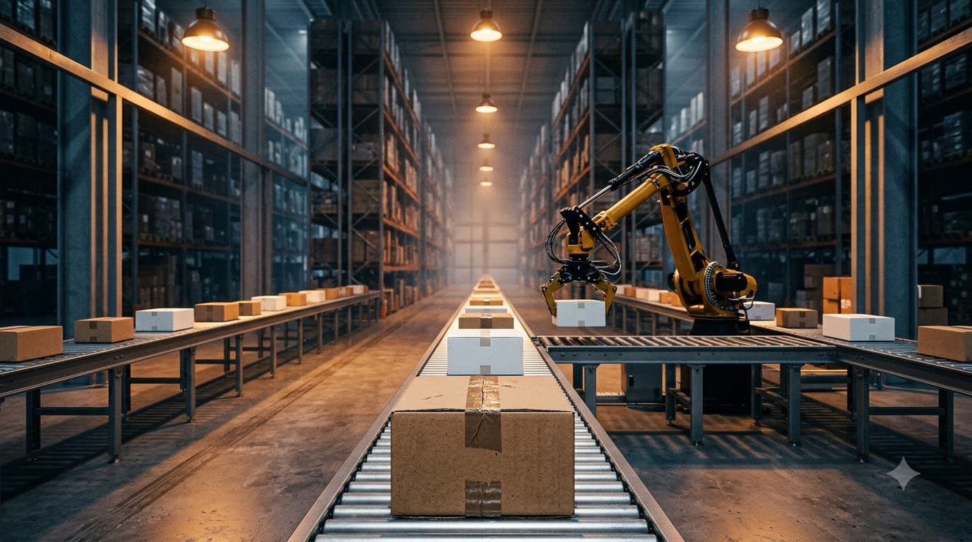 Stacked delivery packages with shipping labels in a warehouse fulfillment center