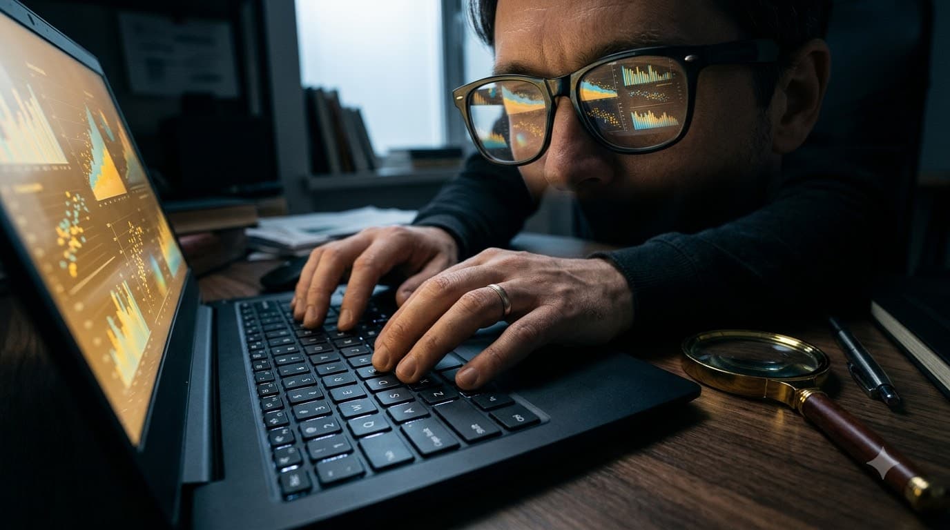 Buyer reviewing product details on a laptop screen with a magnifying glass icon overlay representing verification
