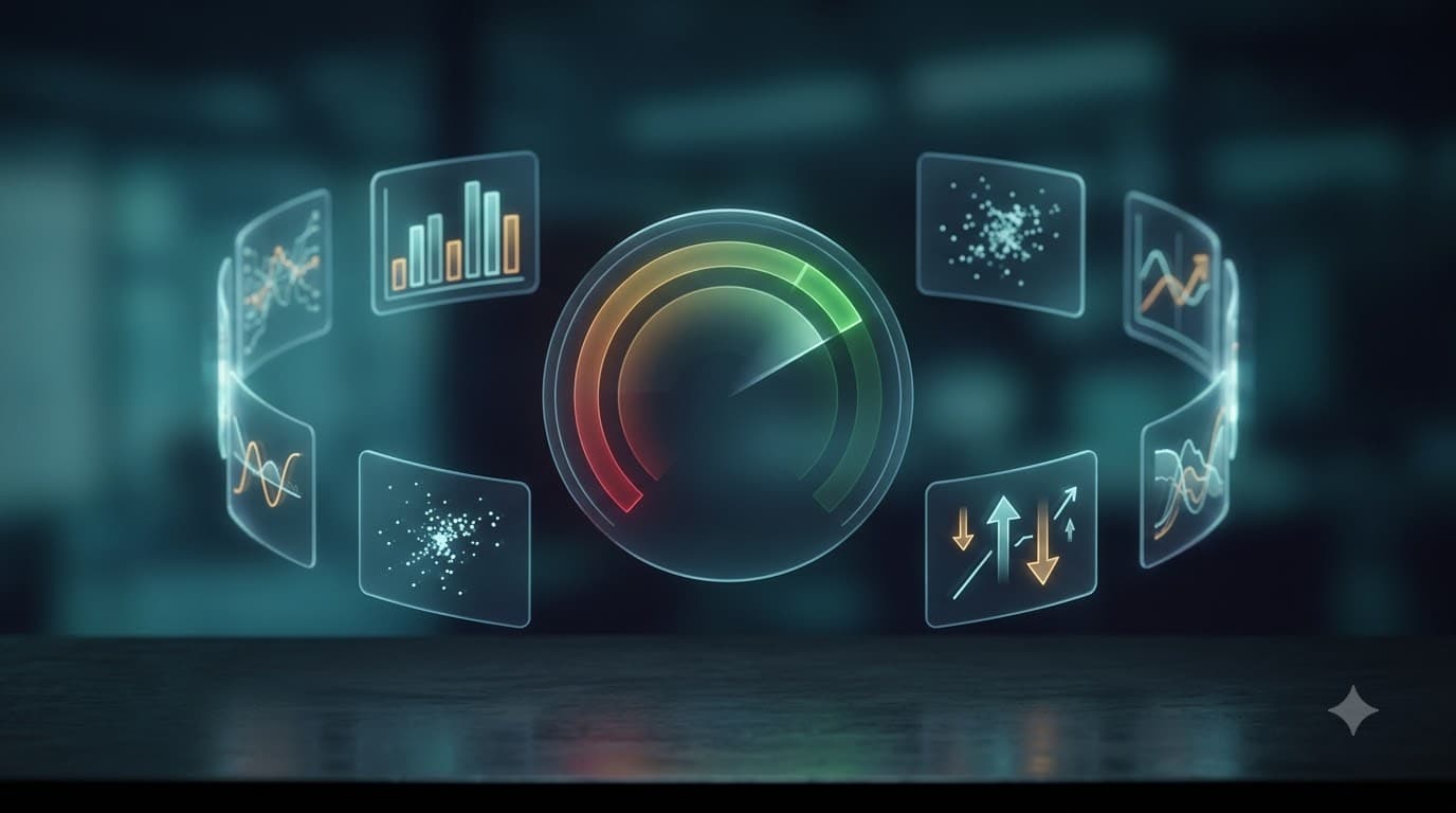 Product evaluation dashboard with scoring metrics and colored rating indicators on a dark interface