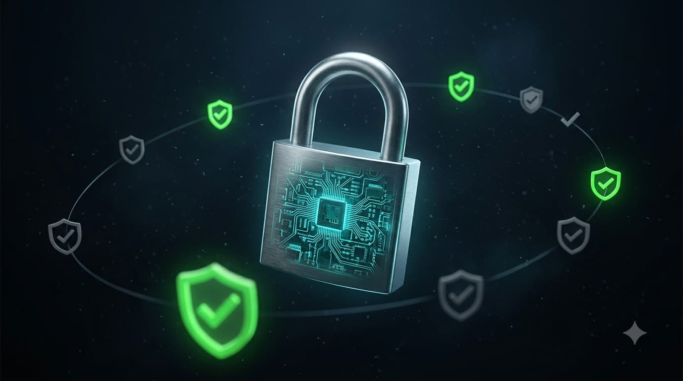 Padlock icon floating above a browser window with shield and permission checkmarks