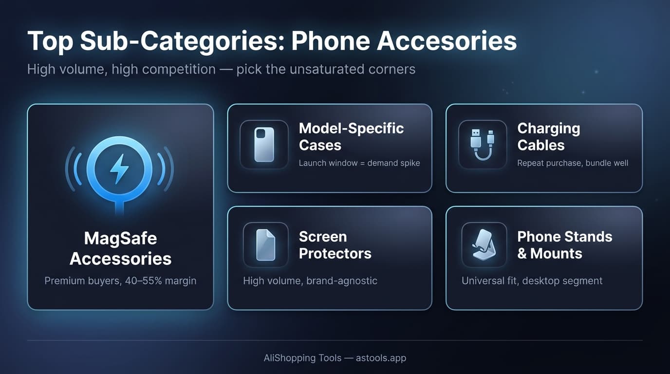 Top 5 phone accessories sub-categories for dropshipping on AliExpress 2026