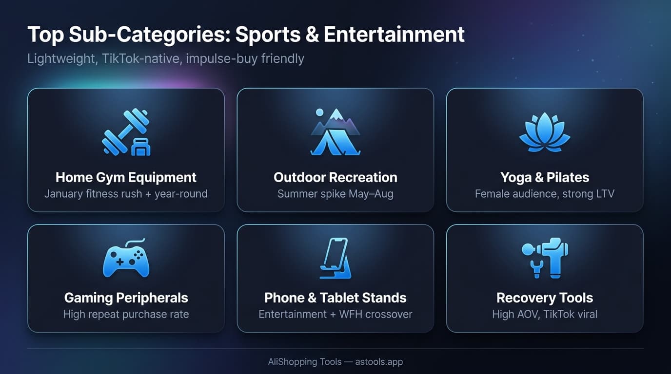 Top 6 sports & entertainment sub-categories for dropshipping on AliExpress 2026