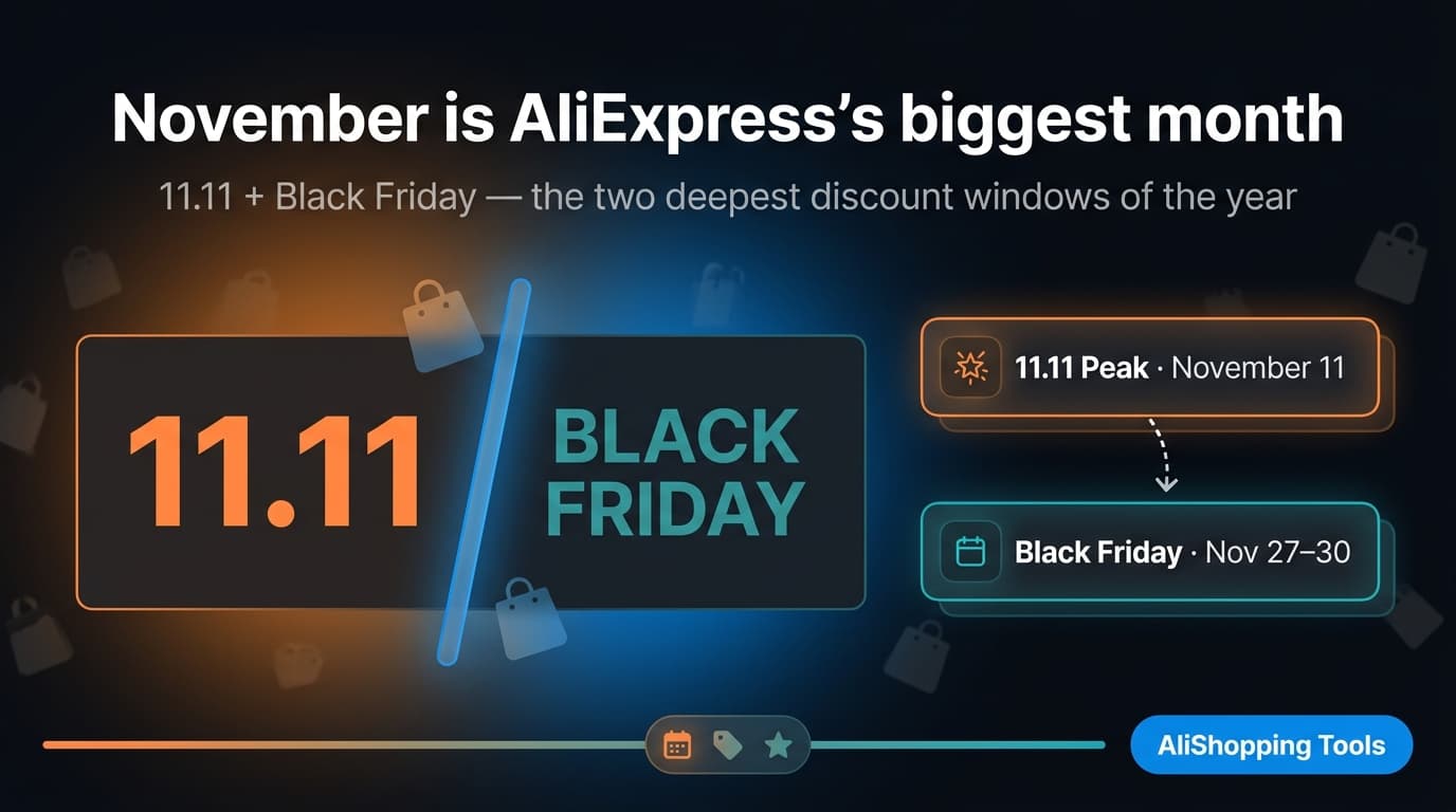 AliExpress November 2026 dual-event banner showing 11.11 and Black Friday sale windows
