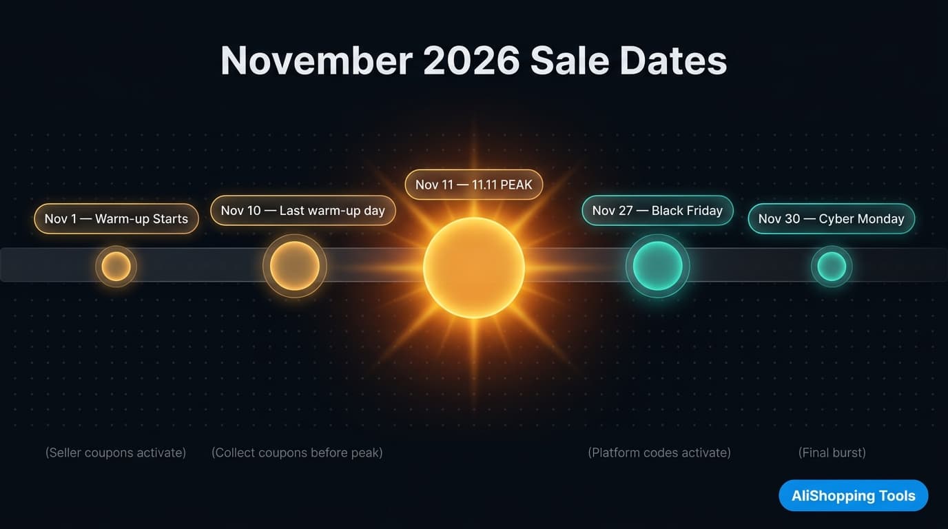 November 2026 sale dates timeline showing 11.11 peak and Black Friday window
