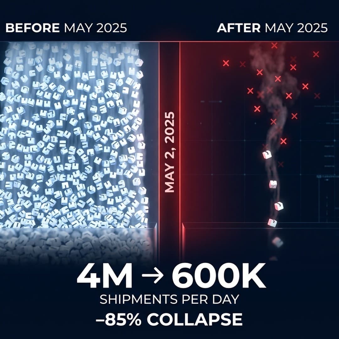 Tariff impact dashboard showing de minimis shipment volume collapse from 4 million to 600,000 per day