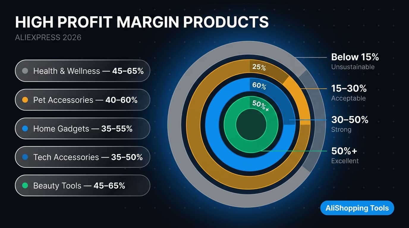 High profit margin products on AliExpress 2026 — sourced category margin data, real-margin formula, margin traps, profit simulator — AliShopping Tools