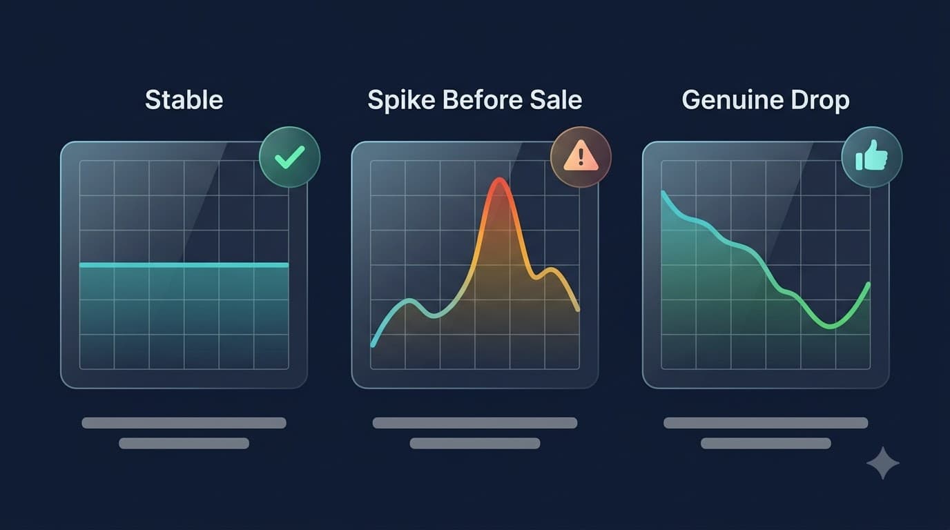 Three common AliExpress price chart patterns: stable, spike-and-discount, and genuine drop