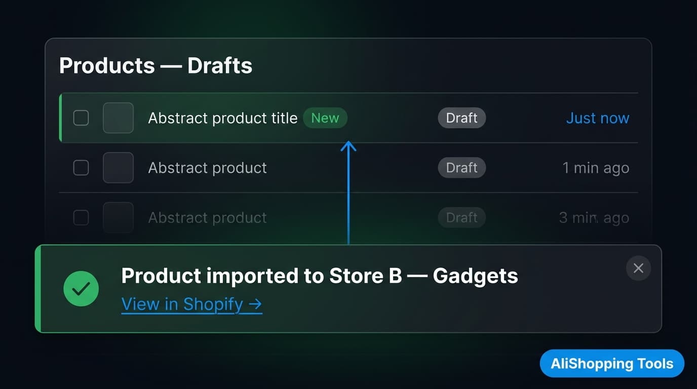 Shopify product import success confirmation showing draft product created