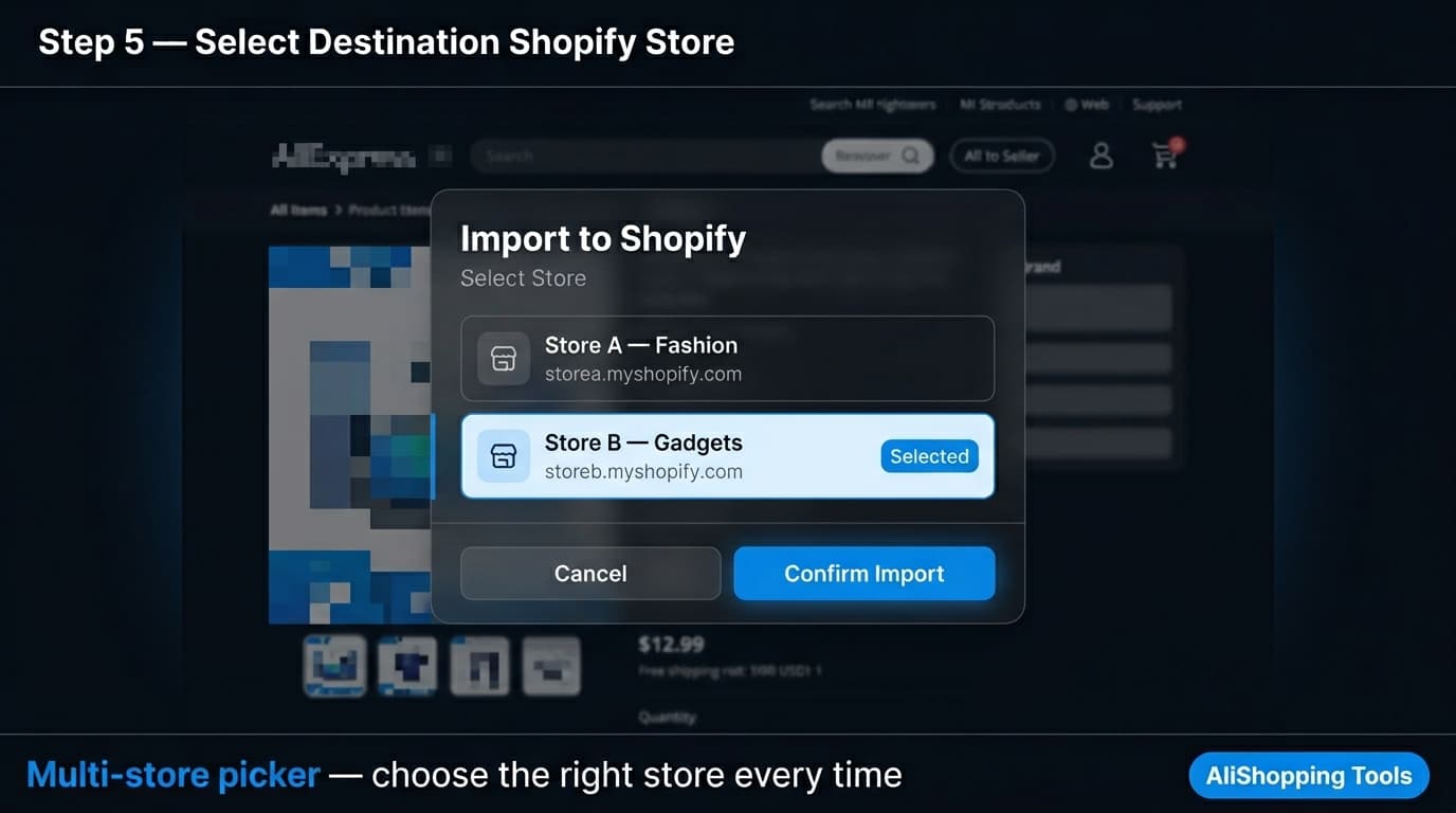 AliShopping Tools store picker modal dialog for selecting target Shopify store