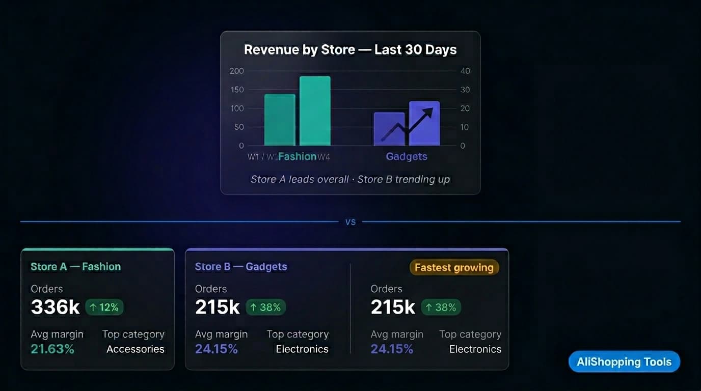 Multi-store revenue comparison chart showing ROI across Shopify stores