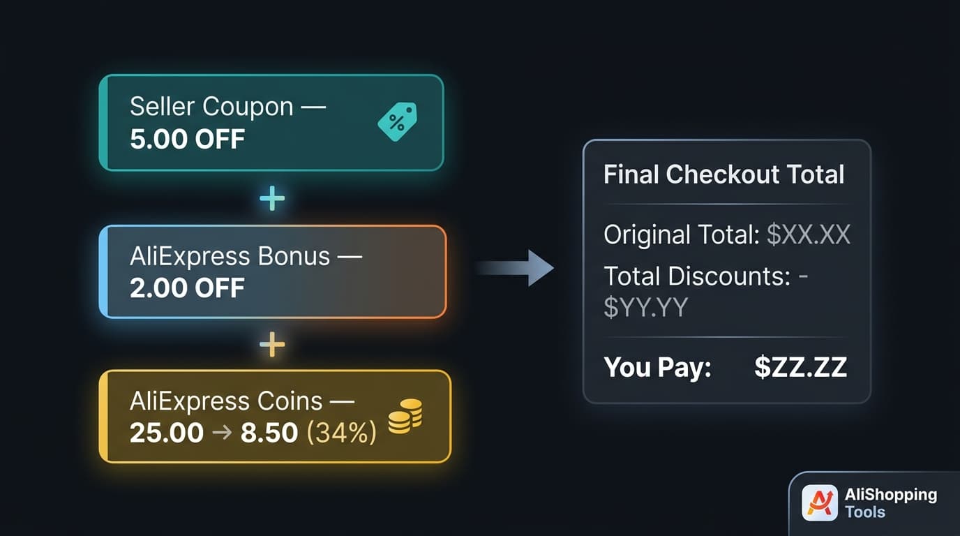 AliExpress promo code stacking layers seller coupon platform code coins diagram