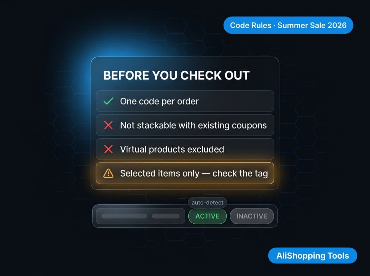 AliExpress Summer Sale 2026 code stacking rules checklist — one code per order, not stackable with existing coupons, virtual products excluded, selected items only with auto-detect via AliShopping Tools